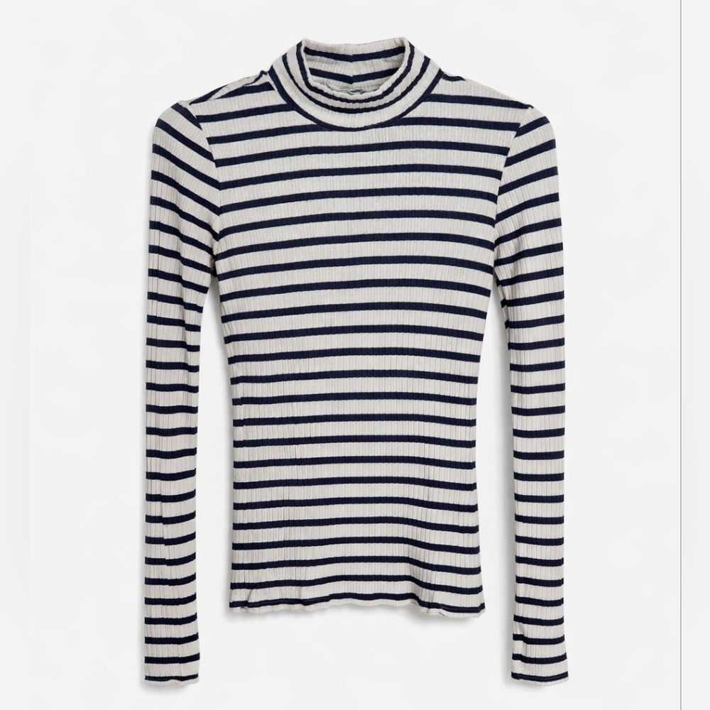 FRAME Denim Striped Ribbed Mock Neck Long Sleeve Top XS